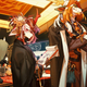 A well-dressed dragon man and a kirin woman look outside of a high-rise window.